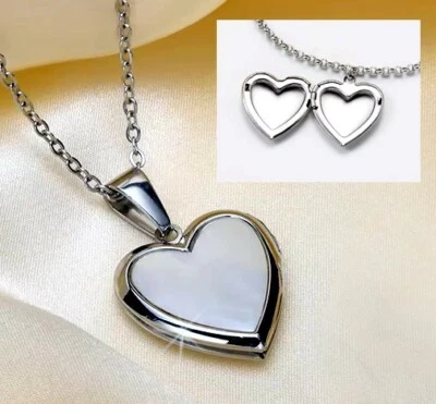 EDELSTAHL, PERLMUTT 💙  Herzkette Herz Foto Medaillon Anhänger, Kette - Bild 1 von 4