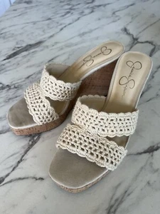 Jessica Simpson Satela Damen-Keilsandale 9,5 gehäkelt cremefarben Korkabsatz Boho - Bild 1 von 4