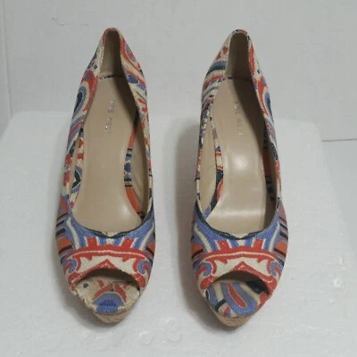 Nine West Women's Cheerful 70 Cork Wedge Peep Toe  7.5M Canvas Stripe Swirl - Image 1 of 4