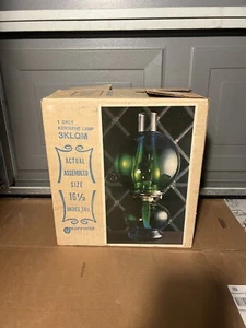 Vintage Jeanette Glass Blue Green Gradation Hurricane Kerosene Oil Lamp In box - Picture 1 of 9