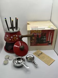 Vintage 1970er rot Emaille FONDUE SET Flower Power JAPAN Weihnachten/Feiertag Party - Bild 1 von 14