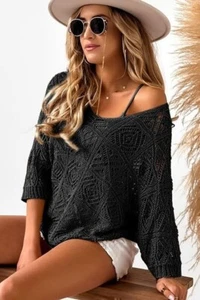 Women's Crochet Hollow Out Knit Tops Spring Summer Sweaters Beach Cover Ups - Picture 1 of 16