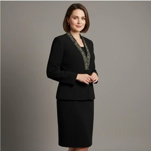 Kasper 3 Piece Long Black Skirt Gold Embroidered Dress Suit Ensemble Vintage 18 - Picture 1 of 14