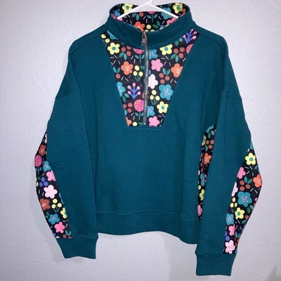SSYS The Label The Willow 1/2 Zip Pullover Sweatshirt Teal Green Floral Sz M - Image 1 of 4