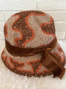 Sombrero cubo vintage años 60 CHENILLE MARRÓN NARANJA CON CINTA - Imagen 1 de 4