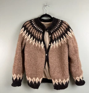 Icelandic? Fuzzy Women's Cardigan Sweater Large Brown Khaki Heart Button Mohair? - Picture 1 of 7