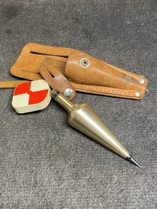 Grinder Schmitz 18 Oz Brass Plumb Bob With Leather Sheath And Gammon Reel USA - Picture 1 of 9