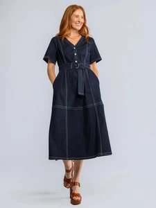 Lesley Evers Maxine Button Top V-Neck Indigo Denim Midi Dress Belted Size Small - Picture 1 of 16