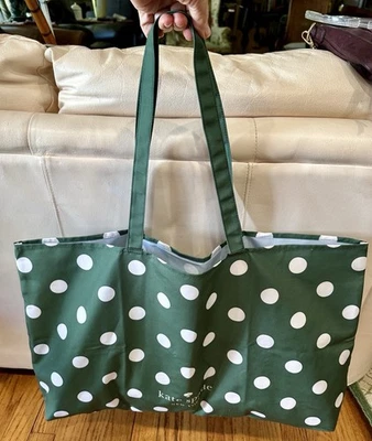 Kate Spade Large Polka Dot Canvas Tote Shopper Beach Foldable Bag Green White Bk - Image 1 of 4