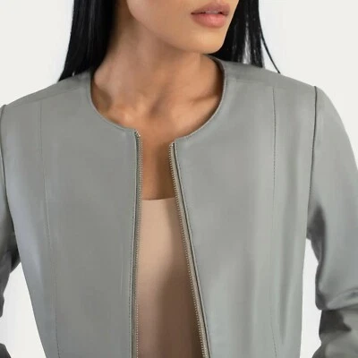 Chaqueta de cuero para mujer en chaqueta clásica de cuero gris piel de cordero 100 % genuina -A34 Foto 1 de 4