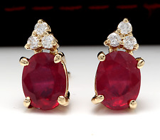 4.20ct Red Ruby and Diamond 14K Solid Yellow Gold Earrings