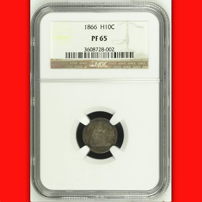 1866 NGC PR65 Mintage 10,000 + 625 Proof = 4th Lowest H10C 🔴 Seated Half Dime - Image 1 of 4