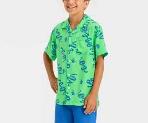 Cat & Jack Boys Size M (8) Button Up Shirt Short Sleeve Green Snake Print - Picture 1 of 4