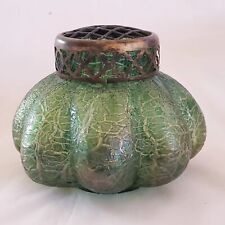 Art Glass Green Veined Vase - Kralik(?) w/ metal - Slight Iridescent - 4 3/4