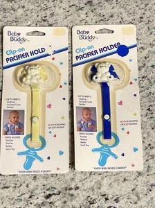 VINTAGE BABY BUDDY CLIP-ON PACIFIER HOLDER 1988 NIP SET OF 2 (1 BLUE,1 YELLOW) - Picture 1 of 13