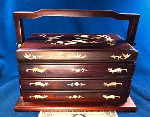 OLD 3 tier HUANGHUALI 12 Cats & 3 Bird Pearl Inlay Rosewood Jewelry Storage BOX - Picture 1 of 8
