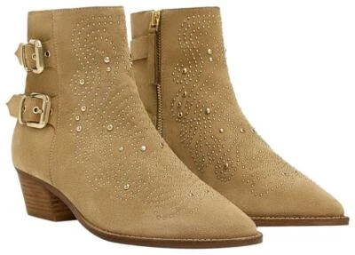 BNWT Zara Double Buckle Ankle Booties Boots in Camel Suede Gold Studded Size 38 - Image 1 of 4