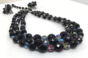 Collana e orecchini classici metà secolo 3 fili neri e trasparenti aurora boreale - Foto 1 di 7