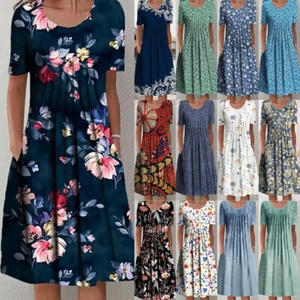 Womens Short Sleeve Floral Dress Ladies Summer Pockets Pleated Dresses PLUS SIZE - Picture 1 of 24