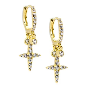 Iced Cz Yellow Gold Sterling Silver Dagger Hanging Cross Dangle Hoop Earrings - Picture 1 of 6