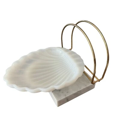 Vtg Art Deco Seashell Sea Shell Soap Dish Milk Glass Brass Marble Base - Image 1 of 4
