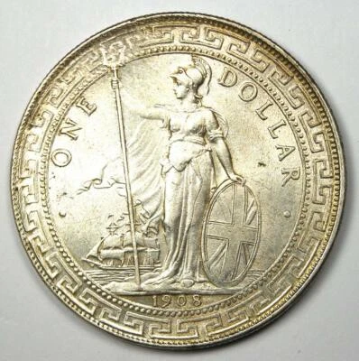 1908 年 B 版英国贸易美元 T 美元 - 未流通细节。 UNC MS - 罕见硬币! — 第 1/4 张图片