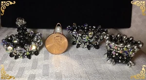 Handcrafted Miniature Black Silver Crystal Ring Holder Dish Made W/ Swarovski - Picture 1 of 8