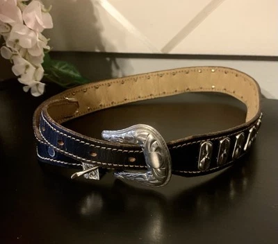 Vintage Small Black Leather Belt With Textured  Silver Tone Oval Disc Decor  M4 - Image 1 of 4