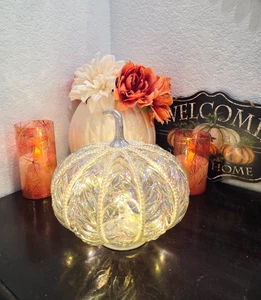 HERBST THANKSGIVING Perle irisierend beleuchtet Glas Kürbis Figur Dekor 8" - Bild 1 von 7