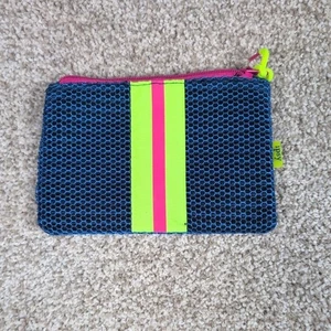 Ipsy Blue Mesh Kosmetiktasche Kosmetiktasche Neon Grün Pink Streifen Reißverschluss - Bild 1 von 6