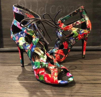 Sexy Multicolor Floral Tirantes Con Cordones CHICA LOCA 4.25" Tacones Altos DITAAA~8 Foto 1 de 4