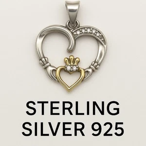 Colgante de plata de ley 925 con corazón Claddagh con detalles dorados piedras circonitas mamá e hijo - Imagen 1 de 9
