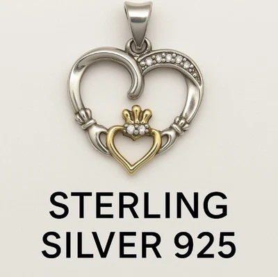 Sterling Silver 925 Claddagh Heart Pendant W/Gold Accents CZ Stones Mom & Child - Image 1 of 4