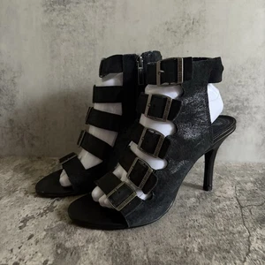 Harley-Davidson Lottie 5 Schnallenriemen schimmernde Leder-Absätze offene Zehenpartie Schuhe Größe 9 - Bild 1 von 10