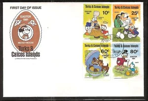 TURKS & CAICOS #476-80 DISNEY MICKEY MOUSE EASTER FDC's - Picture 1 of 2