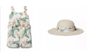 NWT Janie and Jack Tropical Romper & Straw Sun Hat Size 12 $84 Monkeys Palms Set - Picture 1 of 7