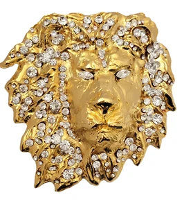 Vintage 1993 Kathrine Baumann Lion Head Belt Buckle Crystals Gold Tone - Picture 1 of 3