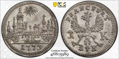 1773-BN Germany Frankfurt 1 Kreuzer PCGS AU58 Lot#G4852 Silver! City View Cover