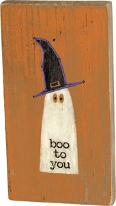 PBK Halloween Decor - Prim Boo to You Stitch Witch Hat Ghost Block - Picture 1 of 1