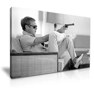 Steve McQueen with Gun Icon Black and White Modern Leinwand Wandbild Kunstdruck 76x50cm - Bild 1 von 7