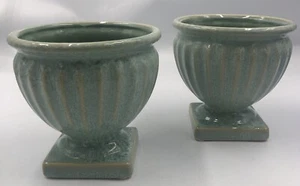 Set Of 2 Celadon Glaze Urn Roman Style Planters Vases 5.25” Tall 5.25” W Ceramic - Picture 1 of 5