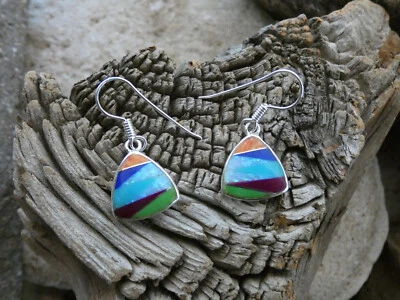 Vibrant Multi Gemstone & Opal Handmade Sterling Silver 925 Inlayed Earrings G42 - Image 1 of 4