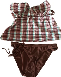 Venice Beach/St Bernard UK 22D Brown Mix U/W Checked Built-In Bra Tankini Set - Picture 1 of 4