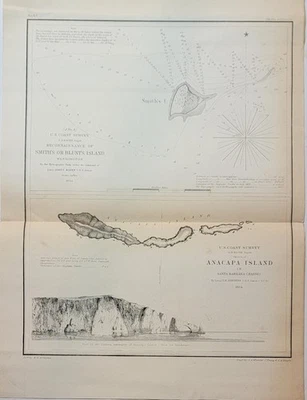 1854 B&W US Coast Survey chart map Anacapa Island Santa Barbara California - Image 1 of 4