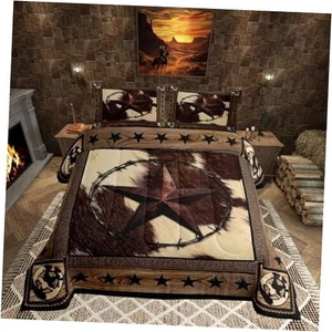 Western Stars Comforter Set Size,Texture Print Bedding Set 3pcs Queen Cow Fur - Picture 1 of 7