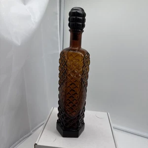 Vintage Dark Amber glass Liquor Bottle Diamond Cut With Cork.12 7/8 Tall. - Picture 1 of 9