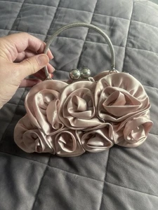 Satin Rosebud Clutch Bag With Detachable Strap. Rose Blush - Picture 1 of 5