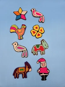 Mexican Huichol Folk Art Yarn Christmas Ornaments Two Sided Set Of 8 Animals + - Picture 1 of 2