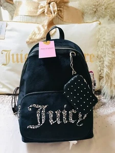 NEW JUICY COUTURE BLACK VELOUR DIMANTE LOGO BACK PACK BAG + PURSE - Picture 1 of 7
