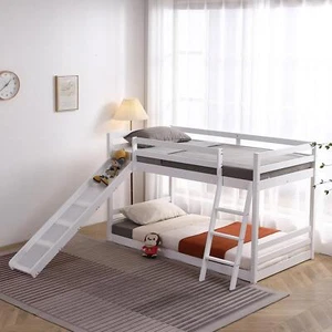 Solid Wood Twin Over Twin Bunk Bed with Ladder, Slide, Safety Guard Rails - Picture 1 of 8